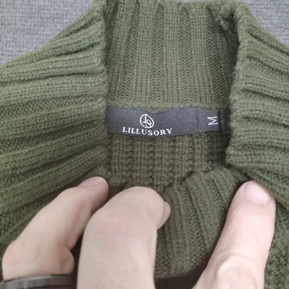LILLUSORY Sweater Dress Womens M Olive Green Mock Neck Lantern Sleeve